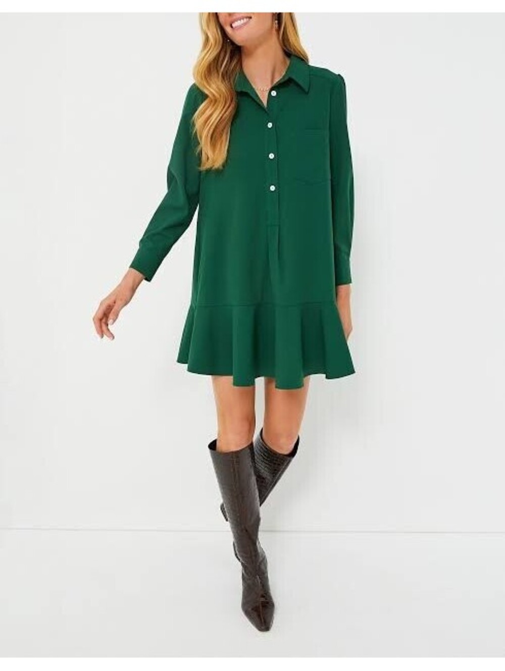 Tuckernuck Hunter Green Crepe Callahan Shirt Dress Ruffle Hem Long Sleeve Size S